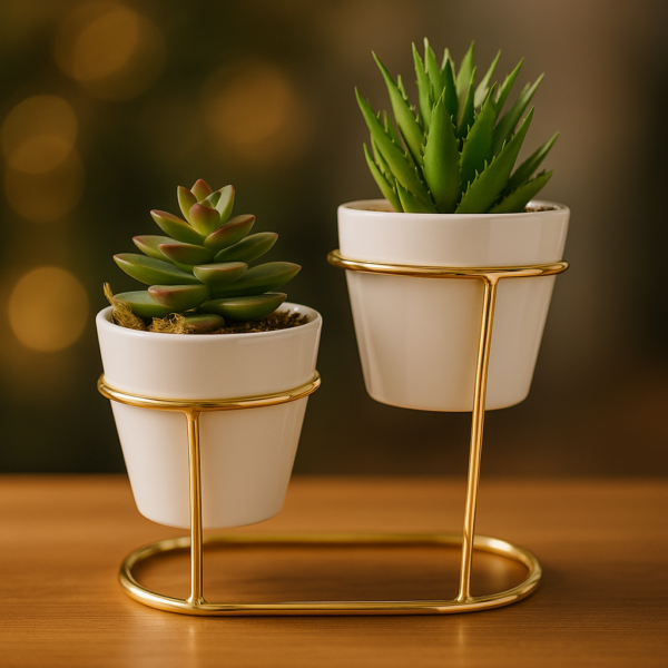Vaso Branco Duplo Decorativo de Cerâmica Com Suporte em Metal Dourado