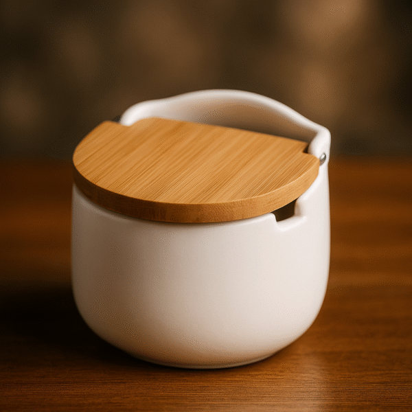 Saleiro de Mesa Redondo em Cerâmica Com Tampa de Bambu e Colher Bianco