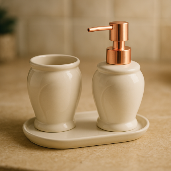 Conjunto 3 Peças Para Banheiro de Cerâmica Paris Branco e Rosé