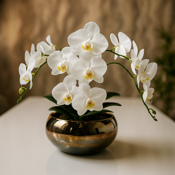 Arranjo de Orquídea Branca Com Vaso de Vidro Âmbar