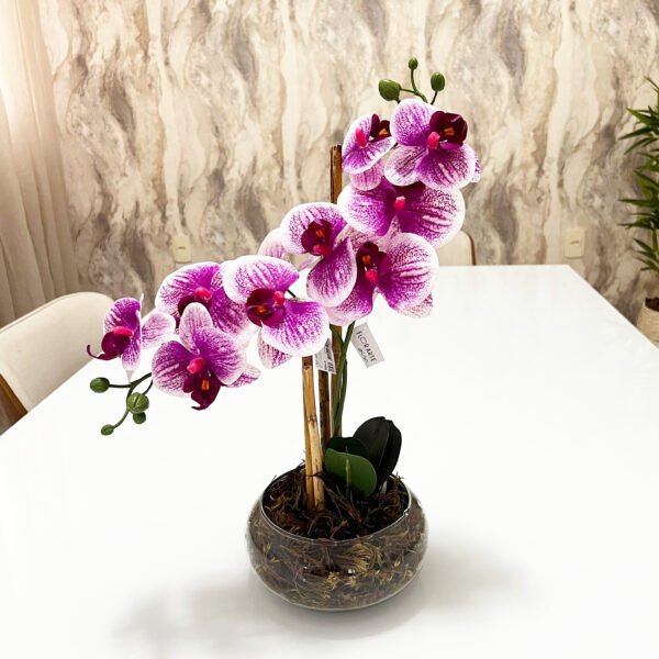 Arranjo de Orquídea Lilás Com Branco e Vaso de Vidro Transparente